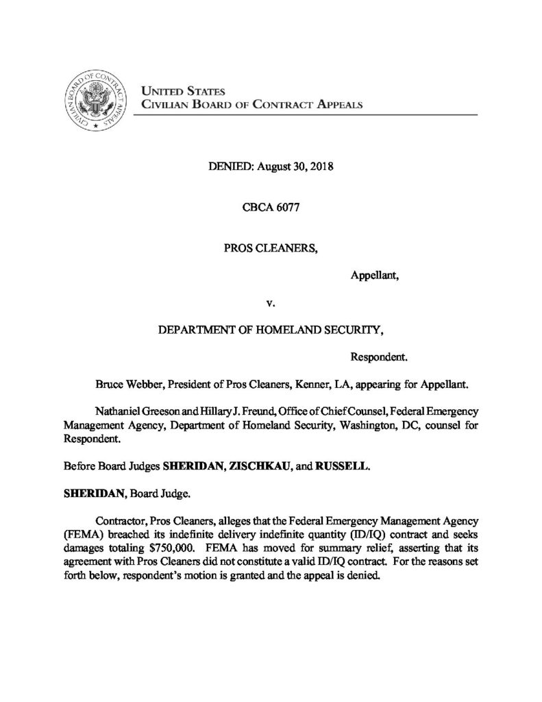 Lack of Minimum Quantity Invalidates IDIQ; CBCA 6077, Pros Cleaners v. Department of Homeland Security